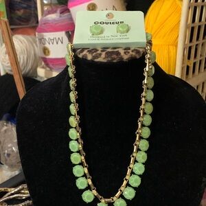 Pistachio Green Stone & Gold Tone Necklace & Earrings Set